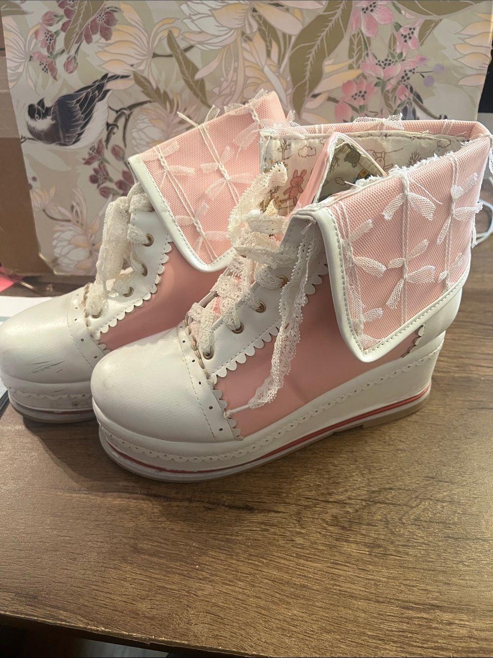 Lace-Up Pink and White Platform Boots - Feminine Floral Trim